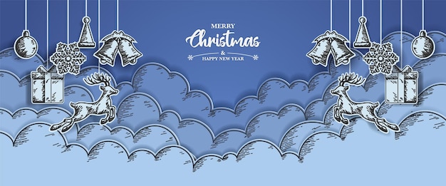 Christmas banner with drawing sketch and paper cut design