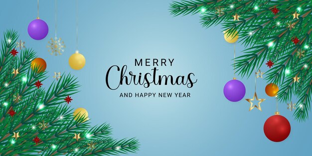 Vector christmas banner with green leaves and purple and golden balls with snowflakes and flower