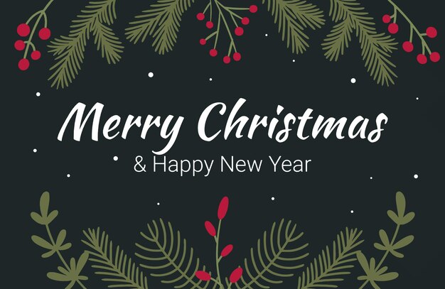 겨울 가문비나무 나뭇가지와 베리가 있는 나뭇가지 배경에 메리 크리스마스와 해피 뉴 이어라는 문구가 적힌 크리스마스 배너