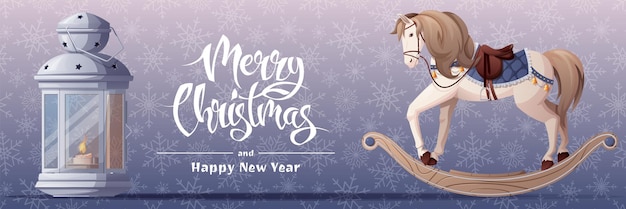 Christmas banner with lantern and rocking horse. festive background with a new year's toy on a blue