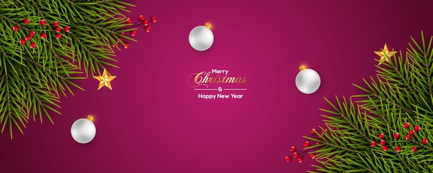 Striscione natalizio con ramo di pino bianco palla natalizia rossa barris e stella