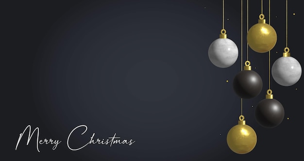 Christmas banner with realistic balls Gold silver black shiny balls Poster with garland of balls