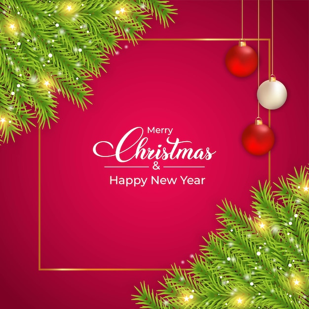 Christmas banner with red background luxurious red, christmas banner with green leaves decoration balls and light effect, merry christmas happy new year