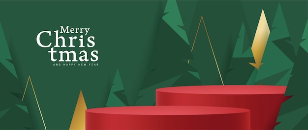 Vector christmas banner with red product display and christmas tree abstract background