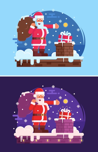 Christmas banner with Santa Claus with gift bag putting gift in a chimney Merry Christmas or New Year concept illustration with happy Santa by day and night Vector background in flat design