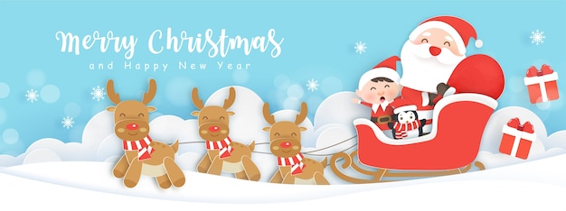 Christmas banner with a Santa clause and friends in snow land.