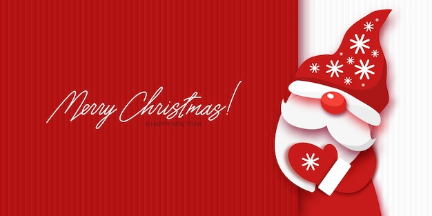 クリスマス バナー サンタ gnome グリーティング カードの冬の休日のデザイン紙切り抜き帽子口ひげと赤の背景にサンタ クロースのひげ メリー クリスマス紙カット アウト アート スタイル