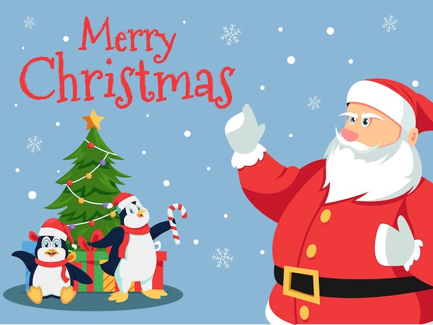 Christmas banner with santa penguins and christmas tree
