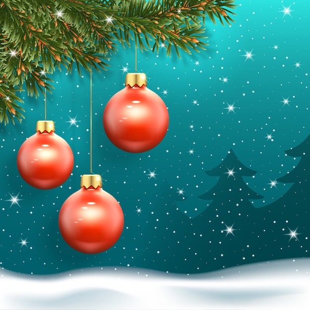 Christmas banner with three red balls, falling snow and fir trees in the background.