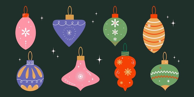 クリスマスのボールは,トレンディな幾何学的な装飾でセットされ,平らなミニマリストのハンドドローで可愛いXmasボール