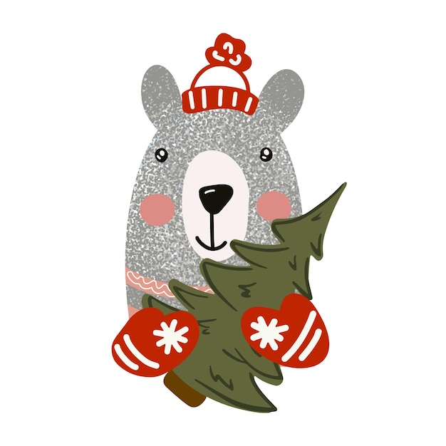 Christmas bear with tree template for new year card