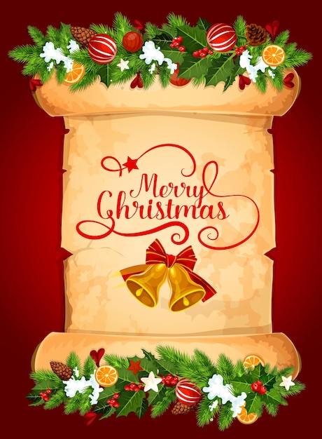 Vector christmas bell greeting card on old paper scroll