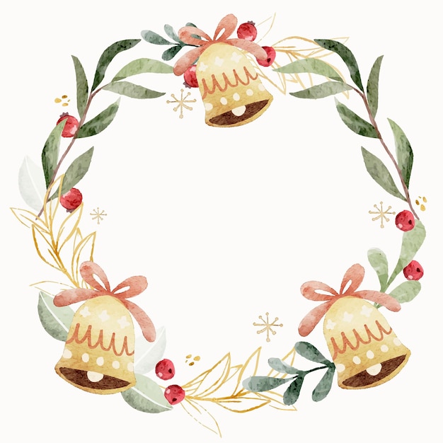 Christmas bell ornaments floral wreath in watercolor style