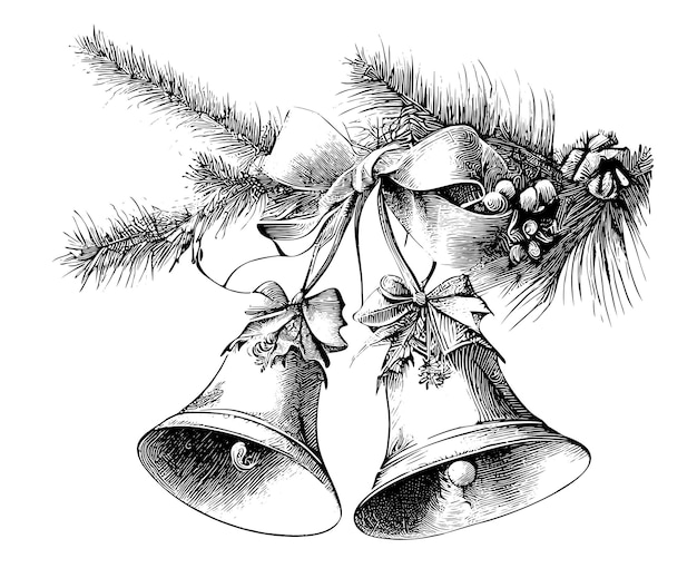 Vector christmas bells on a fir branch hand drawn engraved style sketch vector illustration.