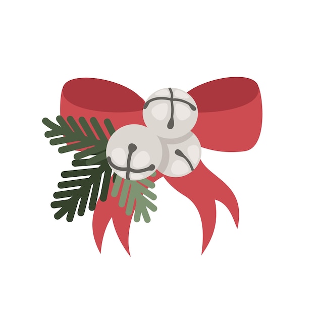 Christmas bells with a bow and fir branches. Flat illustration