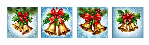 色付きの背景のホリデー シーズンのイラストに赤いリボンとモミの枝を持つクリスマスの鐘