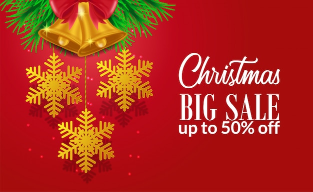 Vector christmas big sale with golden snow decoration and bell