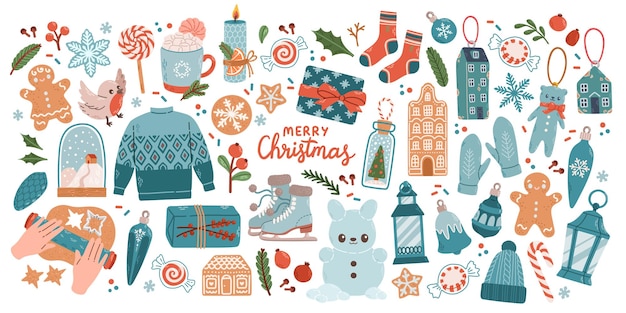 Christmas big set of elements with cookies, houses, presents, sweater, fur tree, wreaths. Stickers