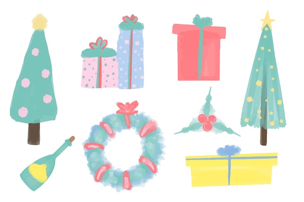 Christmas big set, new year holiday decoration elements vector illustrations on a white background.