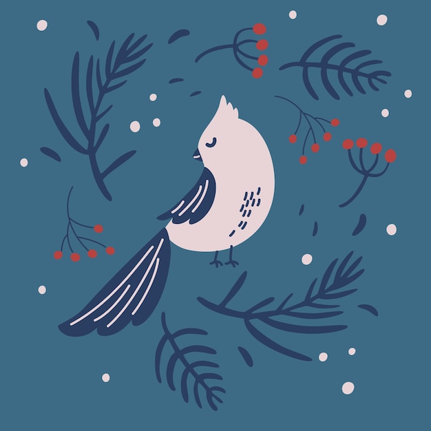Рождественская птица и венок из еловых веток. традиционный рождественский декор из еловых веток, ягод с рукой рисуют зимнюю птицу. праздничный баннер, веб-плакат, флаер, стильная брошюра, поздравительная открытка.