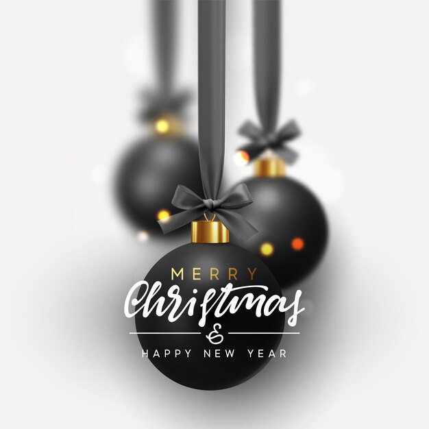 Christmas black balls hang on ribbon with bow. Xmas bauble with realistic light blur bokeh effect.