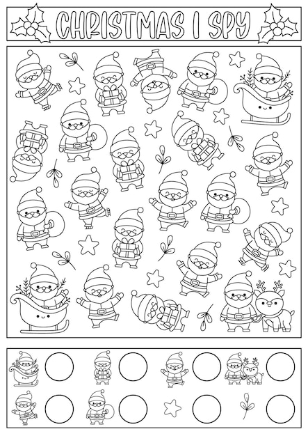 Christmas black and white I spy game for kids Searching and counting line activity with cute kawaii holiday symbols Winter printable worksheet coloring page New Year puzzle with Santa Claus