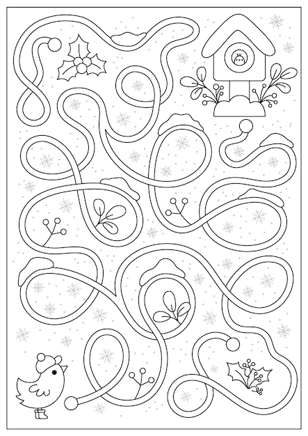 Labirinto di natale in bianco e nero per bambini attività stampabile per le vacanze in età prescolare della linea invernale con simpatici uccelli kawaii fiocchi di neve casetta per gli uccelli gioco del labirinto di capodanno puzzle o pagina da colorare