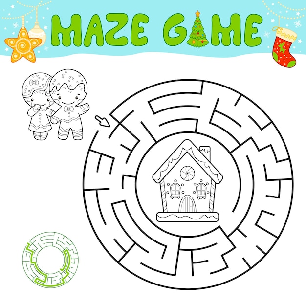 어린이를 위한 크리스마스 흑백 미로 퍼즐 게임. 크리스마스 진저브레드 맨과 진저브레드 하우스가 있는 원형 미로 또는 미로 게임을 설명합니다.