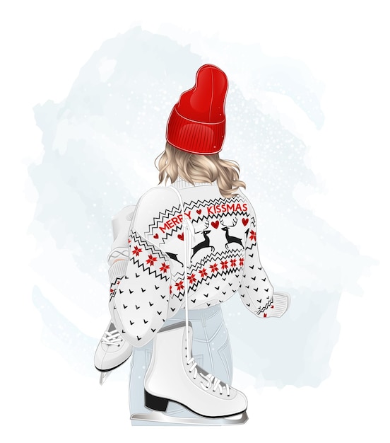 Christmas blonde girl with ice skates on her shoulder