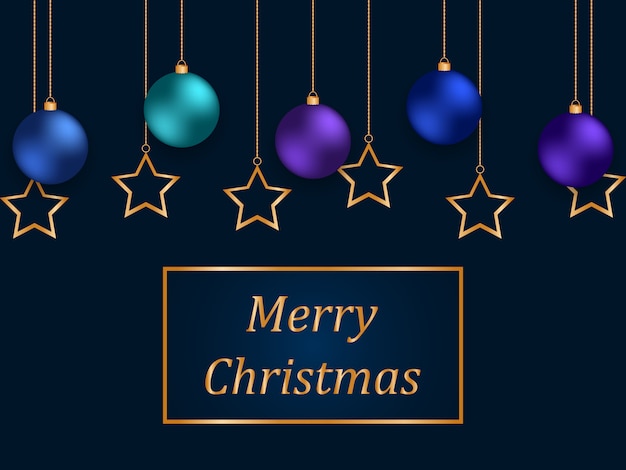 Christmas blue background with golden stars and colorful balls.