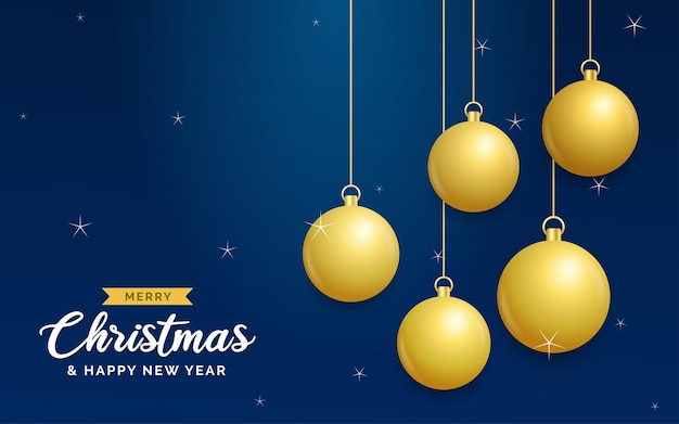 Sfondo blu di natale con sfere dorate brillanti appese merry christmas greeting card holiday xmas and new year poster banner web vector illustration