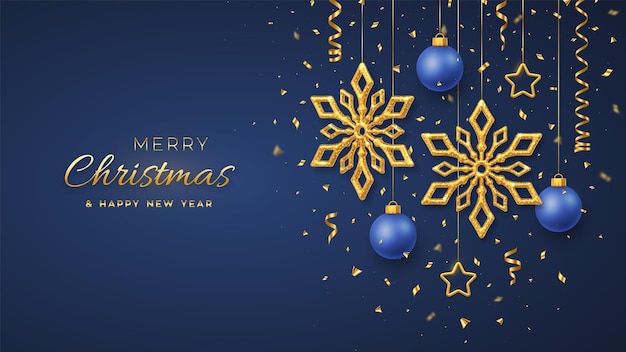 輝く金色の雪片、3D金属の星とボールがぶら下がっているクリスマスの青い背景。メリークリスマスのグリーティングカード。休日のクリスマスと新年のポスター、ウェブバナー。ベクトルイラスト。