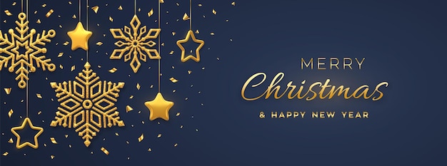 Christmas blue background with hanging shining golden snowflakes and 3d metallic stars. merry christmas greeting card. holiday xmas and new year poster, web banner. vector illustration.