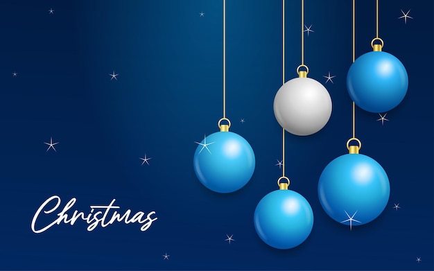 Вектор Рождественский синий фон с висящими блестящими белыми и серебряными шарами поздравительная открытка с рождеством векторная иллюстрация