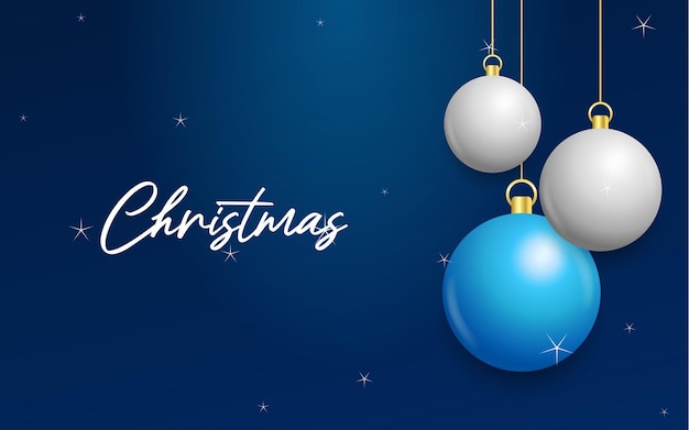 Vector christmas blue background with hanging shining white and silver balls merry christmas greeting card vector illustration