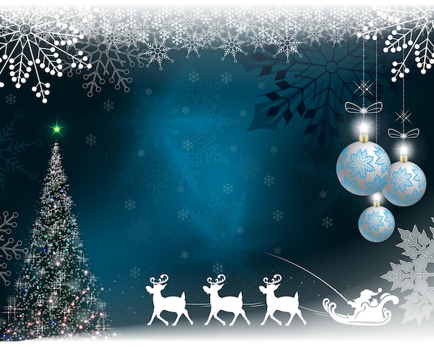 Christmas blue background with Santa Claus with slowmoving deer