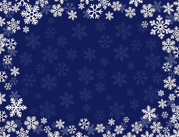 Christmas blue background with white snowflakes. Holiday card or greeting card. Vector illustration.