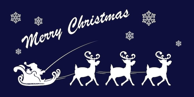 Vector christmas blue illustration santa claus is riding in a sleigh with reindeer