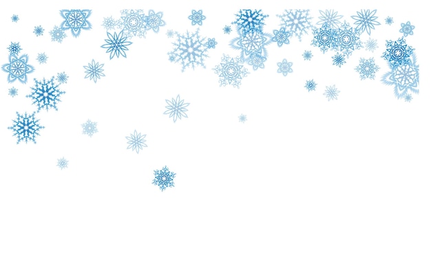 光の中でクリスマスの青い雪片の吹雪の流れ