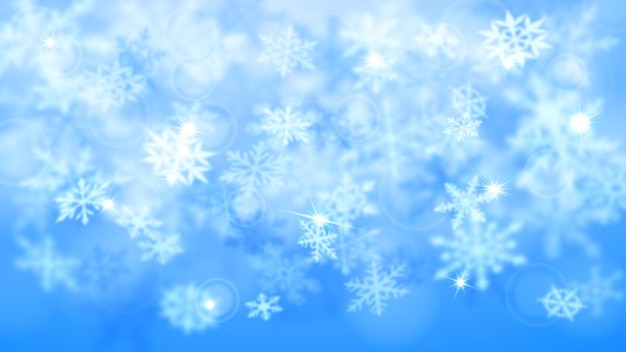 Vector christmas blurred background of complex defocused big and small falling snowflakes in light blue colors with bokeh effect