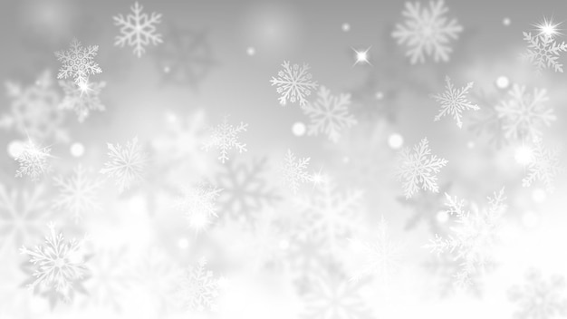 ベクトル ボケ効果のある白とグレーの色で複雑な焦点がぼけた大小の雪片のクリスマスのぼやけた背景