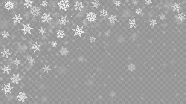 Vector christmas blurred illustration of complex defocused big and small falling snowflakes in white and gray colors with bokeh effect on transparent background