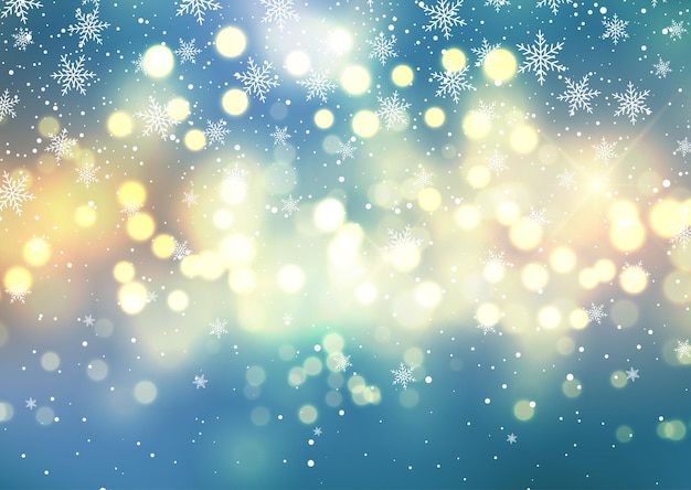 Vector christmas bokeh lights background with snowflakes design