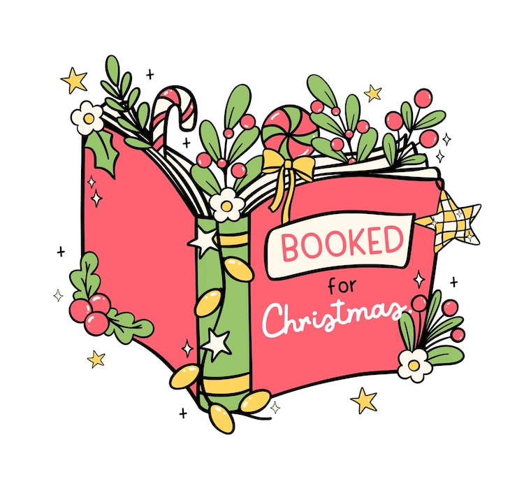 Vector christmas book opened doodle drawn festive retro groovy bookish for greeting cards stickers and shirt designs