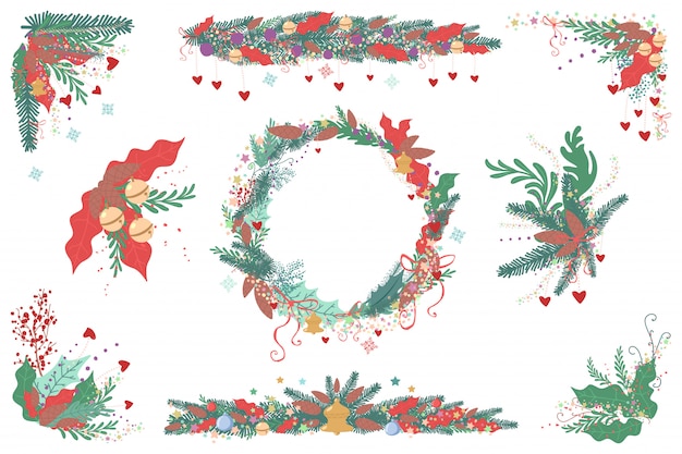 Christmas border, frame, garland, wreath set. Holiday decoration element isolated on a white background.