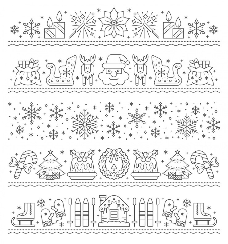 Рождество значок линии границы, новый год, набор шаблонов xmas строки, полоса партии гирлянды, карты.