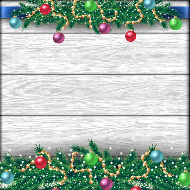 Рождественская граница с еловыми ветками, различными аксессуарами, лентами и блестящими шарами. на белом фоне реалистичные деревянные.