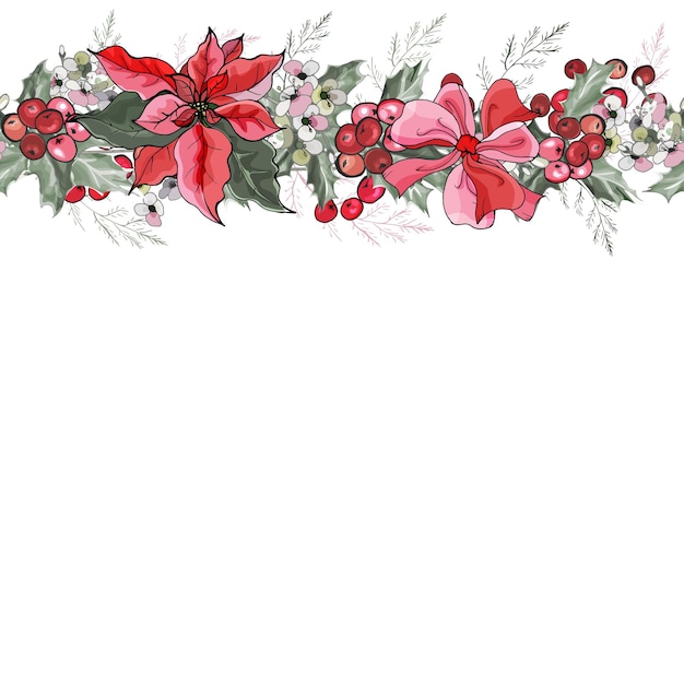 Vector christmas border with poinsettia, holly berries, bow.