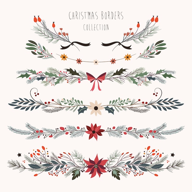 Christmas borders collection with decorative hand drawn seasonal flowers and plants