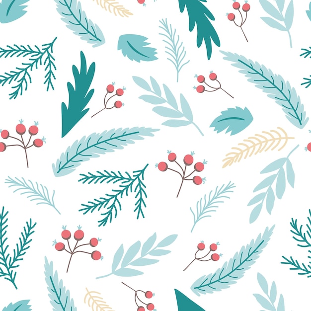 Christmas branch print Winter seamless pattern with holly berries fir branches Blue background